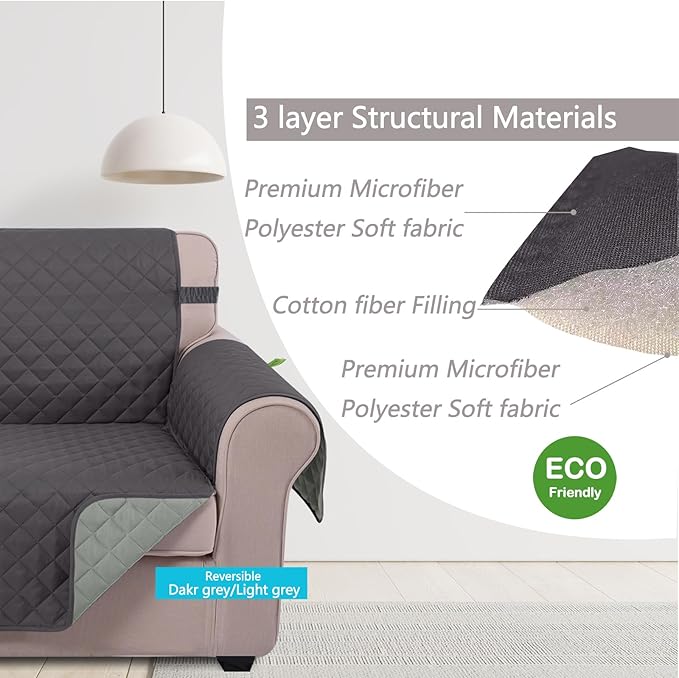U-NICE HOME Recliner Chair Covers Reversible Quilted Water Repellent Pet Protectors with Elastic Straps (23''Recliner Small, Dark Grey/Light Grey)