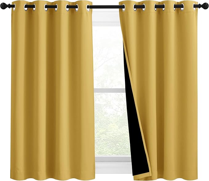 NICETOWN 100% Blackout Curtains with Black Liners, Solid Thermal Insulated Full Blackout 2-Layer Lined Drapes, Energy Efficiency Window Draperies for Bedroom (2 Panels, 46" W by 54" L, Bright Yellow)