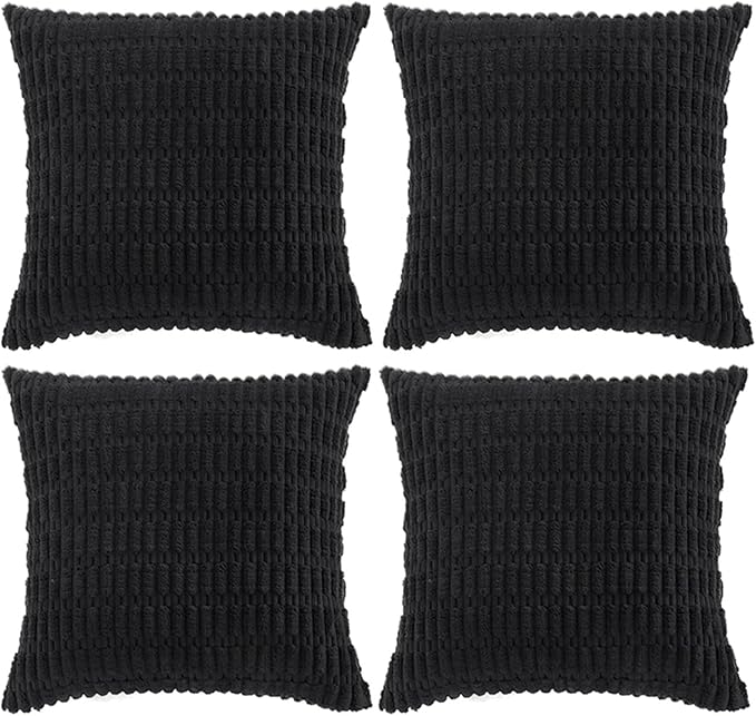 Fancy Homi 4 Packs Boho Black Decorative Throw Pillow Covers 24x24 Inch for Living Room Couch Bed Sofa, Rustic Modern Farmhouse Home Decor, Soft Plush Corduroy Cute Square Cushion Case 60x60 cm