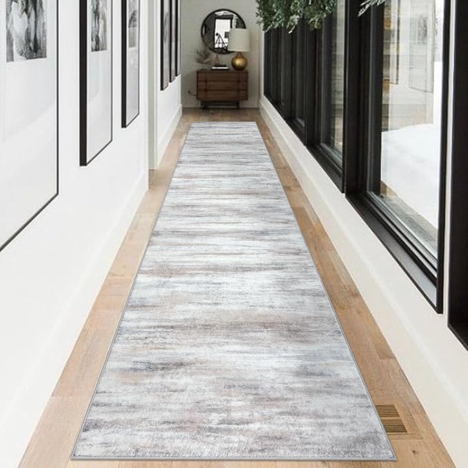KOZYFLY Modern Abstract Kitchen Runner Rug, 2.6x12 Washable Rug Runner Non-Slip Soft Striped Hallway Runner Rugs, Beige Print Carpet Runner for Entryway Bathroom Laundry Room Foyer