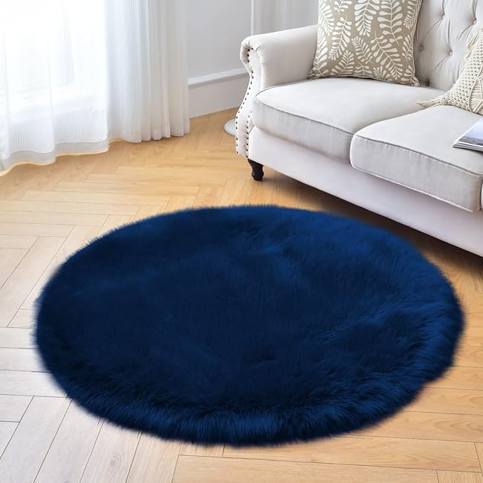 duduta Navy Blue Faux Sheepskin Round Rug 4x4 ft, Fluffy Shag Fur Bedroom Nursery Kids Playroom Rug Dorm Decor Non Slip Washable