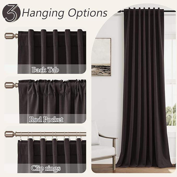 Guken 100% Blackout Curtains 84 Inch Length 2 Panels Set for Living Room Bedroom Back Tab Thermal Insulated Black Out Linen Drapes Room Darkening Cocoa Coffee,52x84
