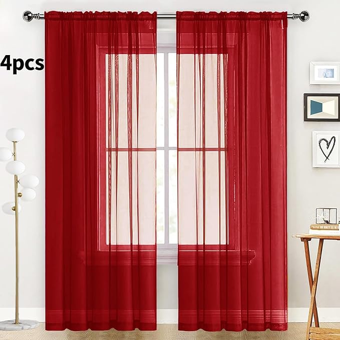SpaceDresser Christmas Red Sheer Curtains 4 Panels Rod Pocket Semi-Sheer Curtain 72 Inches Long Light Filtering Voile Window Drapes for Bedroom Living Room Kitchen, Each 52W x 72L