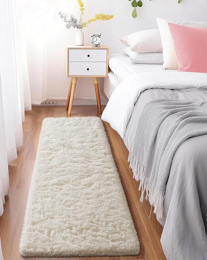 Ophanie Runner Rug for Hallway, 2x5 Upgrade Non-Slip Fluffy Soft Bedside Rugs, Bedroom Living Room Ivory Shaggy Carpet for Kids Girls Boys Dorm Nursery Home Decor Aesthetic