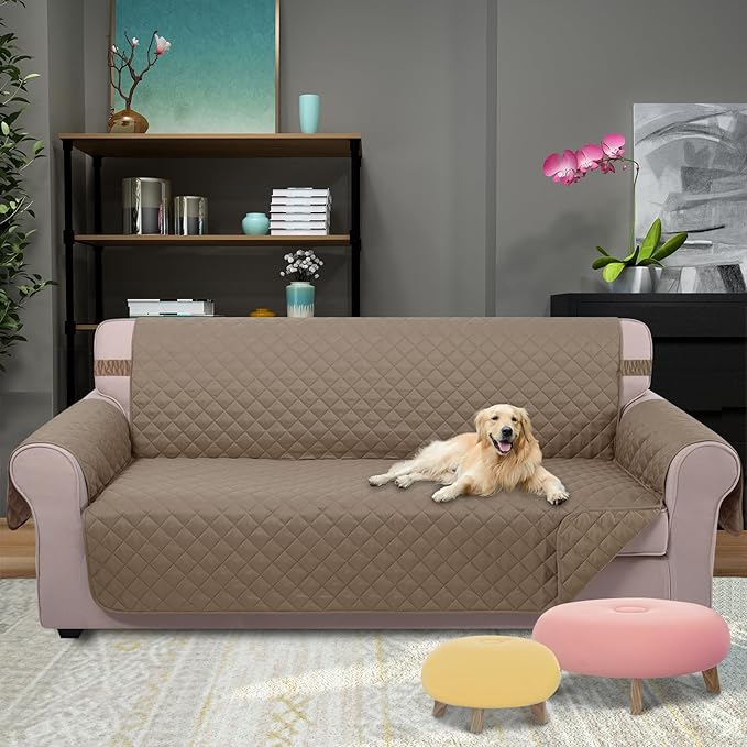 U-NICE HOME Reversible Sofa Cover Couch Cover for Dogs with Elastic Straps Water Resistant Furniture Protector for Pets Couch Cover for 3 Cushion Couch (Sofa, Taupe/Taupe)