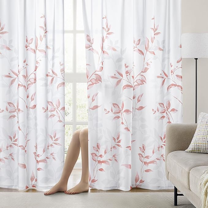 HOMEIDEAS Non-See-Through Pink and White Privacy Sheer Curtains 52 X 63 Inch Length 2 Panels, Leaf Floral Printed Light Filtering Semi Sheer Window Curtains Drapes for Bedroom Living Room