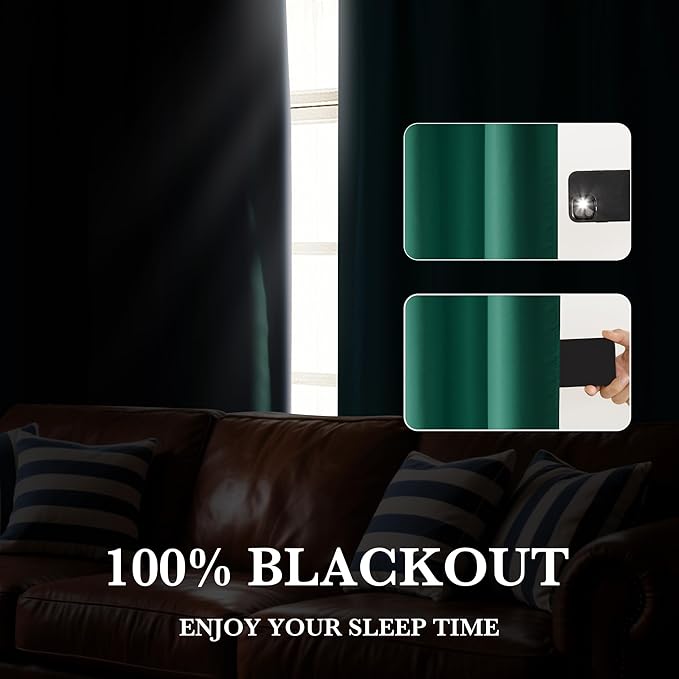 RYB HOME Bedroom Blackout Curtains 63 inches Long, 100% Blackout Thermal Insulated Noise Reducing Curtains for Living Room Nursury, 62 inches Wide by 63 inches Long, Dark Green