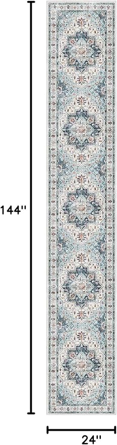 Madane Hallway Runner Rug 2x12, Extra Long Washable Runner Rugs with Rubber Backing, Non Slip Carpet Runner, Vintage Medallion Rug Runners for Kitchen Laundry Room Entryway (Blue, 2'x12')