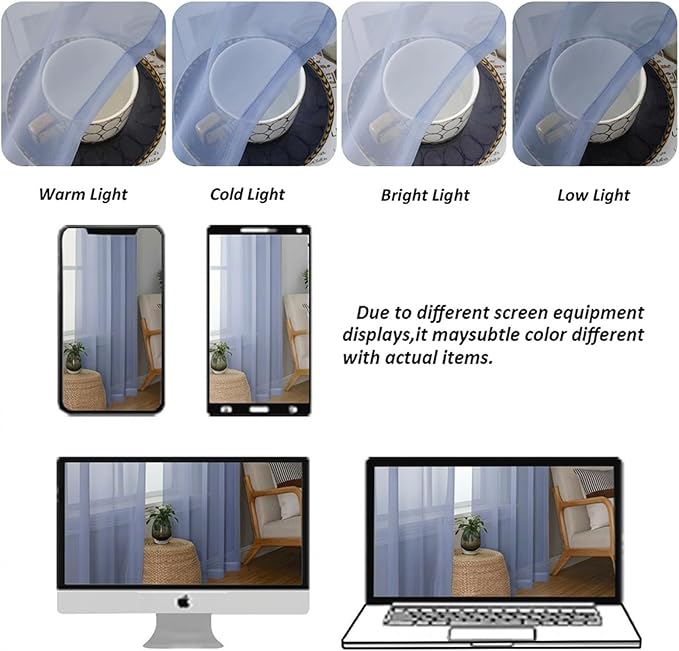 Chyhomenyc Sheer Valances for Windows - Light Filtering Small Window Curtains for Living Room Bathroom Cafe Laundry Basement, Modern Dual Rod Pocket Voile Curtain, 42Wx14L inches, Denim Blue, 2 PCS