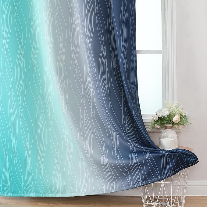 Estelar Textiler Navy Blue and Teal Ombre Blackout Curtains for Bedroom, Thermal Insulated Gradient Blackout Drapes, Full Room Darkening Energy Saving Curtains for Living Room, 42Wx84L, 2 Panels