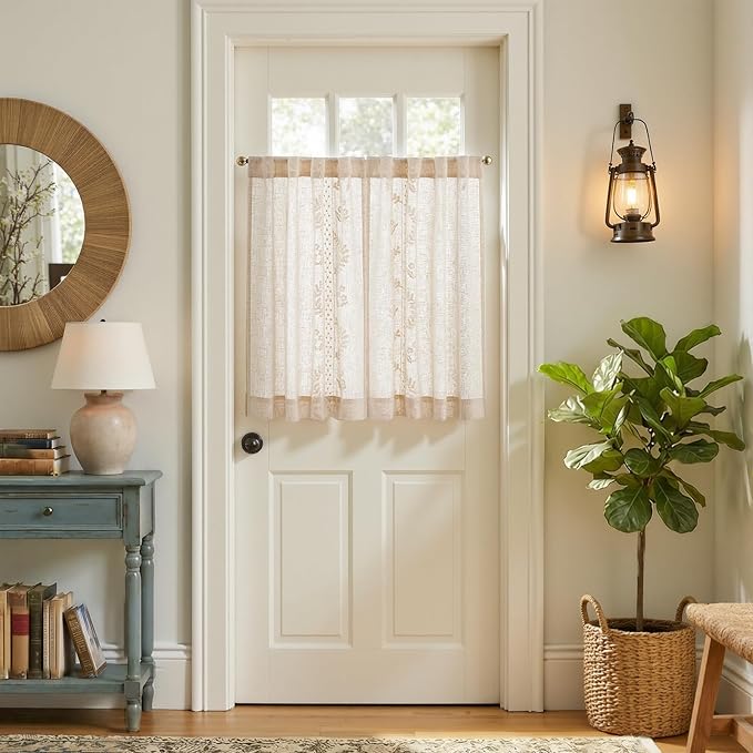 jinchan Belrose Linen Floral Kitchen Curtains 36 inch Length Embroidered Farmhouse Cafe Curtains for Living Room Bathroom Small Windows Curtain Set Sheer Light Filtering 2 Panels Ivory