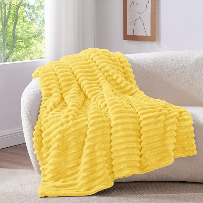 BEDELITE Fleece Throw Blanket for Couch - 300GSM Soft & Warm Fluffy Custard Yellow Blanket, Decorative and Giftable Striped Blankets for Women, Men, 50"x60"