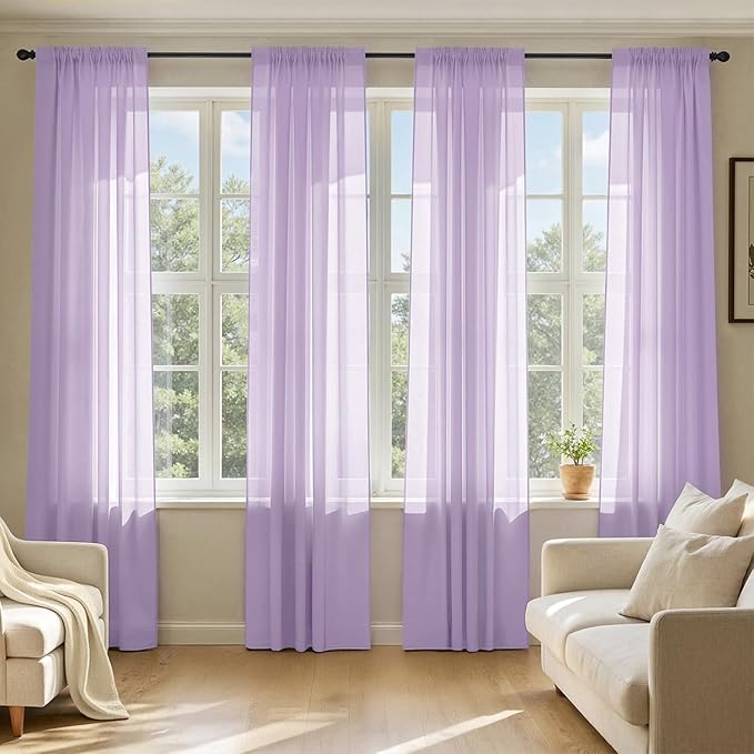 MIULEE Light Purple Sheer Curtains 96 Inches Long, 4 Panels Set, Lavender Light Filtering Rod Pocket Voile Drapes for Living Room and Bedroom, Airy Soft Fabric Window Treatments, 42 x 96 Inches