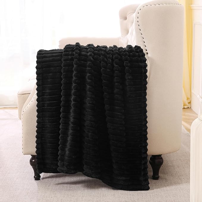 Black Fleece Throw Blanket 90”×90” for Couch Sofa Bed,Super Soft Cozy Plush Microfiber Flannel Blanket with Stripes Design Lightweight for Adults,Woman,Girls