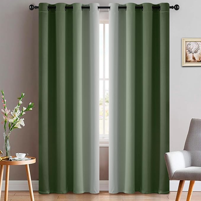 Yakamok Greyish White and Sage Green Ombre Curtains,Light Blocking Curtains,Room Darkening Grommet Window Drapes for Bedroom(Sage Green,52x84 Inch,2 Panels)