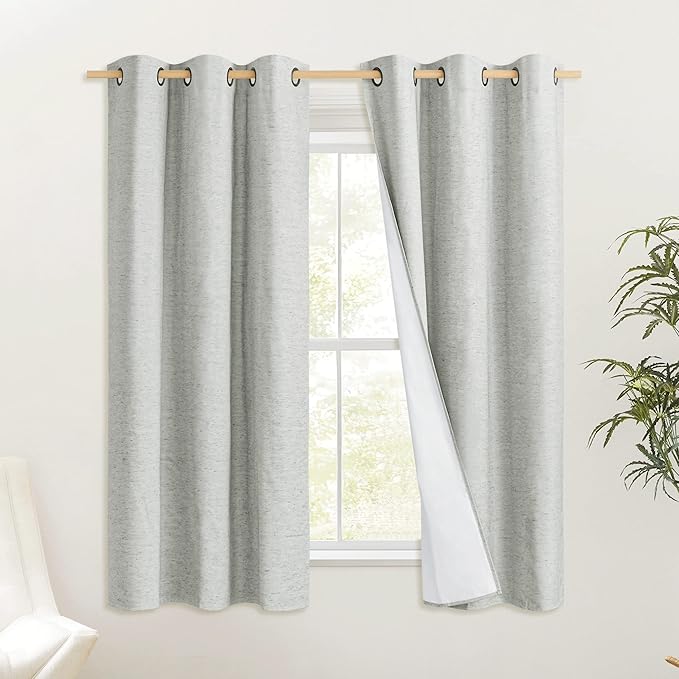 NICETOWN Grey 100% Blackout Curtain Panels, Set of 2, 34" Wide by 48" Long, Thermal Insulated White Thermal Insulated Liner Drapes for Nursery, Noise Reducing and Heat Blocking Drapes for Windows
