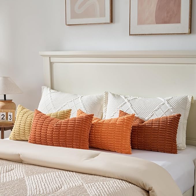 Fancy Homi Set of 4 Burnt Orange Fall Long Lumbar Rectangle Decorative Throw Pillow Covers 12x24 Inch for Couch Bed Chair, Farmhouse Boho Room Decor, Soft Fuzzy Corduroy Textured Cushion Case 30x60cm
