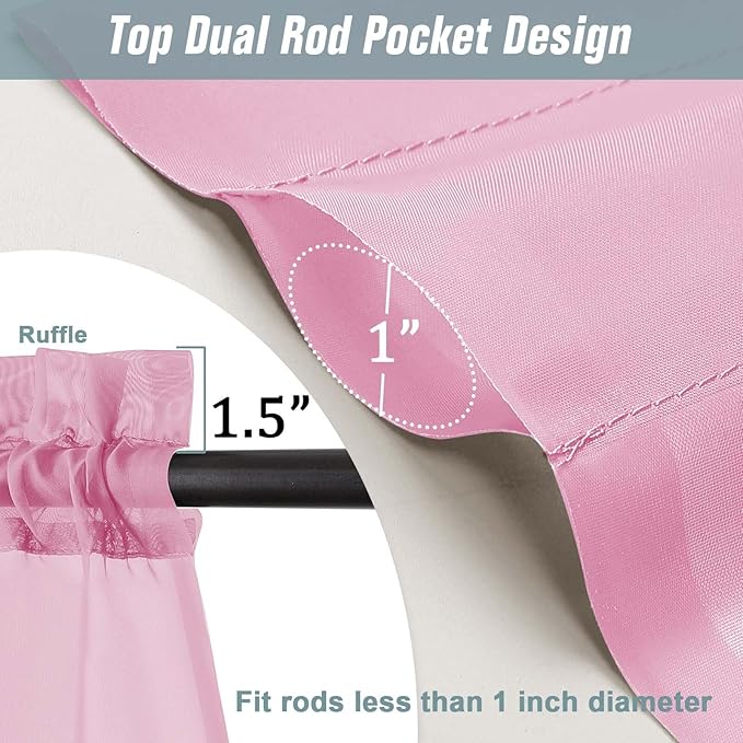 Light Pink Small Sheer Curtains Tier 24 Inches Length 2 Pieces, Light Filtering Cafe Curtains for Living Room Bathroom, Modern Window Treatments Dual Rod Pocket Panels, 2X42Wx24L Inches