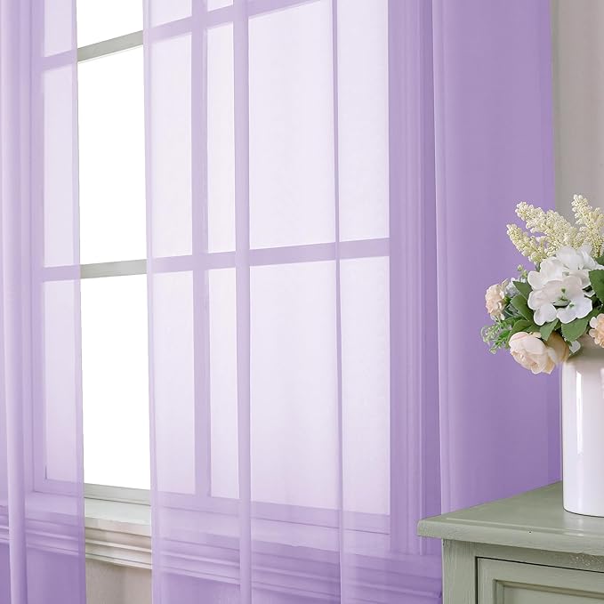 Aiyufeng Light Purple Sheer Curtain Panels Pair Sold 45 Inch Length, Light Filtering Window Curtain Drapes Treatment for Kitchen, Bedroom/Children Room, Voile Top Dual Rod Pocket, 2 Pack of 42 x 45"