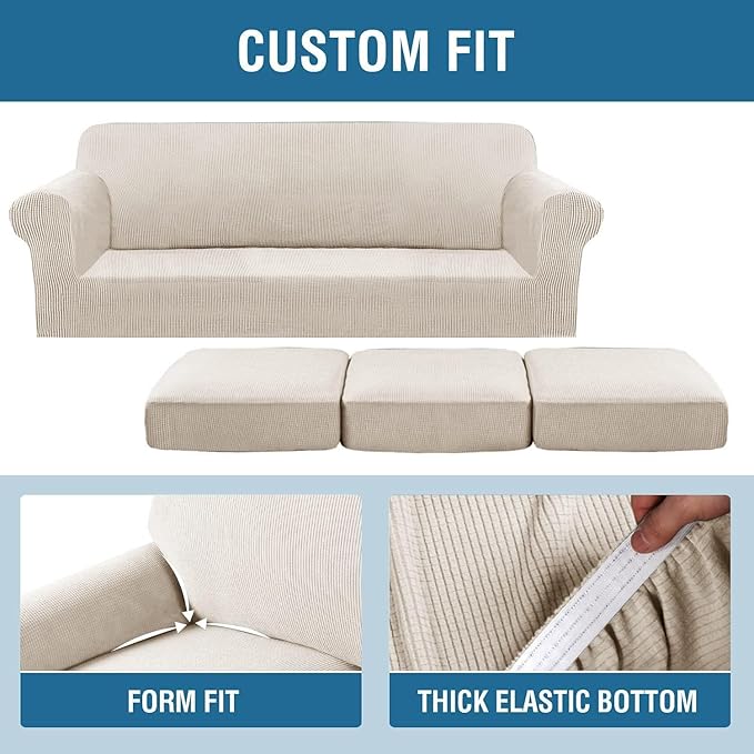 H.VERSAILTEX 4 Piece Stretch Sofa Covers for 3 Cushion Couch Covers for Living Room Furniture Slipcovers (Base Cover Plus 3 Seat Cushion Covers) Thicker Jacquard Fabric (Large Sofa, Island Fossi)