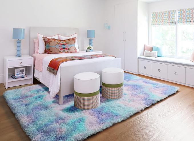 ONASAR Rainbow Rugs for Girls Bedroom, 5x8 Fluffy Bedside Throw Area Rug, Soft Plush Shaggy Indoor Floor Carpet for Living Room Nursery Kids Boys Teen Dorm Home Office Decor Aesthetic