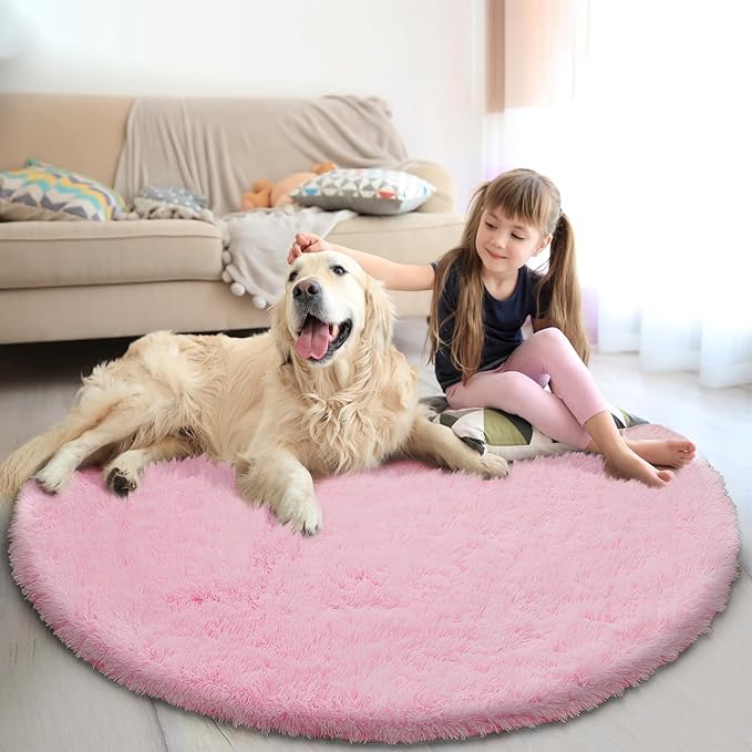 yulidayang Pink Fluffy Round Area Rugs for Bedroom,5'X5'Shag Circle Area Rugs for Girls Room,Non Slip Fuzzy Plush Rug for Kids Room Living Room and Dorm Home Decor Rug