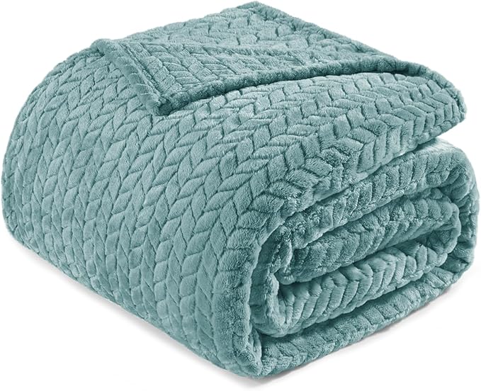 Exclusivo Mezcla Fleece Twin Size Blanket for Bed, 60x80 Inches Soft Cozy Jacquard Flannel Blankets, Lightweight Fuzzy Plush Warm for Women, Celadon