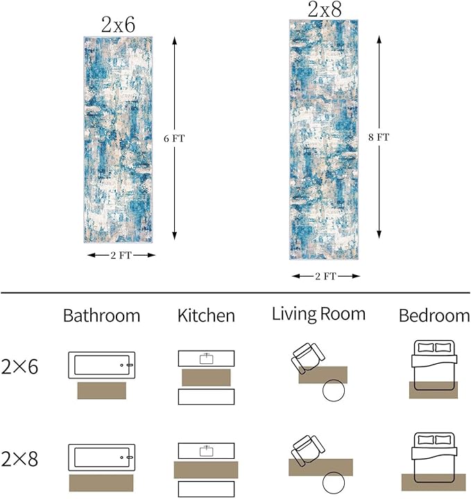 KOZYFLY Modern Abstract Area Rugs 8x10 Turquoise/Beige/Grey/Yellow Machine Washable Thin Rug for Bedroom Non-Slip Living Room Rug, Faux Wool Soft Low Pile Carpet for Dining Room, Bedroom, Bathroom