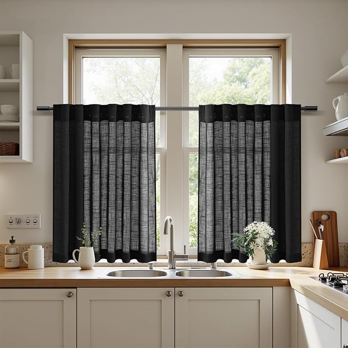 Nanspring Black Short Kitchen Linen Curtains 30 Inch Length Kitchen, Semi Sheer Linen Blend Cafe Curtains Back Tab and Rod Pocket Basement Drapes,2 Panels 30 x 30 Inch