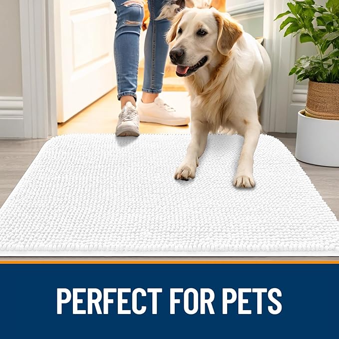 OLANLY Dog Door Mat for Muddy Paws 54x24, Absorbs Moisture and Dirt, Absorbent Non-Slip Washable Doormat, Quick Dry Chenille Mud Mat for Dogs, Entry Indoor Entryway Carpet for Inside Floor, White