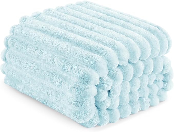 Exclusivo Mezcla King Size Flannel Fleece Blanket, Super Soft Striped Jacquard Bed Blanket, Lightweight Fuzzy Cozy for All Seasons, 90x104 Inches, Light Blue