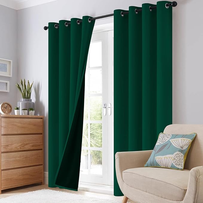 SimpleHome 100% Blackout Curtains for Bedroom,Thermal Insulated Grommet Window Drapes Room Darkening Dark Green Curtains for Living Room with Black Back,52 x 84 Inch,2 Panels