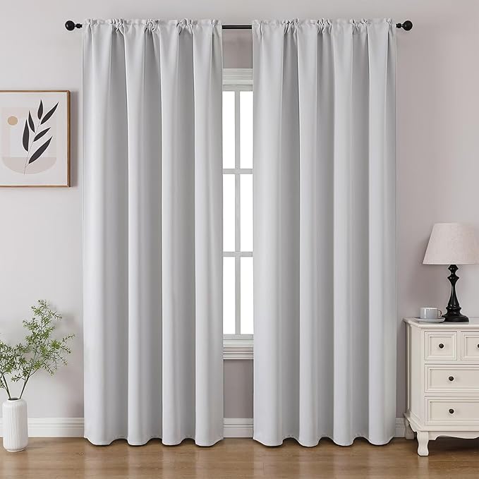 CUCRAF Grayish White Blackout Curtains 108 inch Length 2 Panels Set, Rod Pocket Room Darkening Drapes for Bedroom Living Room, Insulated Thermal Light Blocking Window Curtain (W52 x L108 Inch)