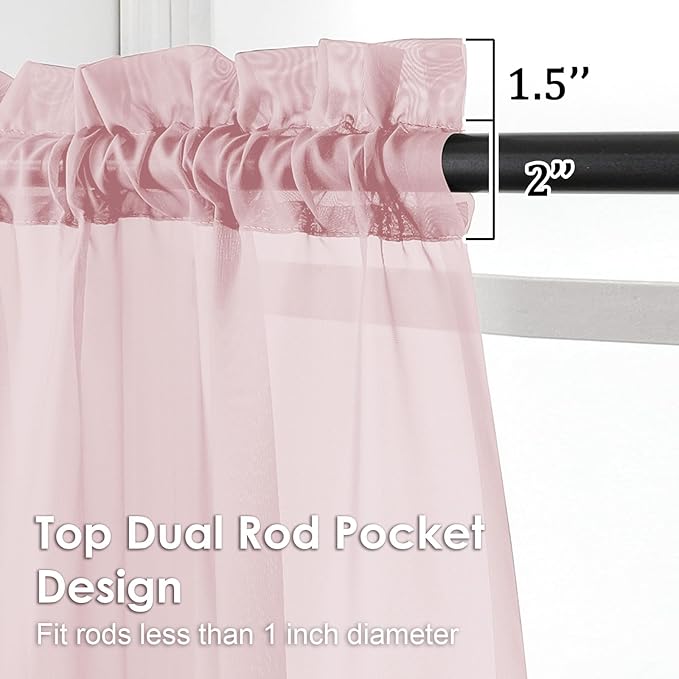 OVZME Blush Pink Sheer Curtains 36 inch Length 2 Panels Set, Light Filtering Voile Rod Pocket Short Window Curtians for Bathroom Living Room Farmhouse Small Windows, Each 42Wx36L Inches