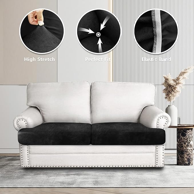 Leather Look Couch Cushion Covers Sofa Seat Slipcovers Sets Couches Furniture Protector for Sectional Armchair Loveseat Pets Kids Stretch Spandex Fabric (2 T-Cushion Loveseat, Black)