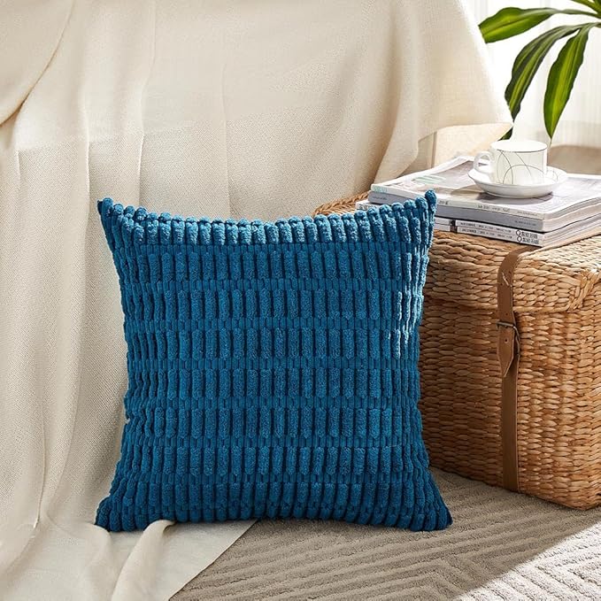Fancy Homi 4 Packs Teal Decorative Throw Pillow Covers 16x16 Inch for Living Room Couch Bed Sofa, Rustic Farmhouse Fall Home Decor, Soft Striped Corduroy Square Cushion Case 40x40 cm