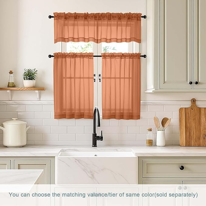 Orange Valances for Windows 14 inch Length 2 Panels Set, Small Voile Sheer Curtains for Bathroom, Soft Fabric Lightweight Light Filtering Kitchen Curtains, Dual Rod Pocket, 2x42Wx14L Inches