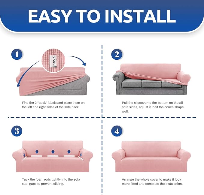 KEKUOU Stretch Oversized Sofa Slipcover 1 Piece Couch Sofa Cover (94"-110") Furniture Protector 4 Seater Sofa with Elastic Bottom for Kids,Pet.Jacquard Checked Pattern Fabric(X Large,Dusty Pink)