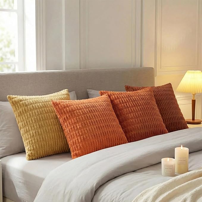 Fancy Homi Set of 4 Burnt Orange Fall Decorative Throw Pillow Covers 20x20 Inch for Couch Bed Chair, Modern Farmhouse Boho Room Decor, Soft Fuzzy Corduroy Textured Striped Cushion Case 50cm