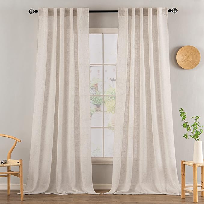 MIULEE Natural White Linen Curtains 96 Inch Long 2 Panels for Bedroom Living Room, Soft Thick Linen Textured Window Drapes Semi Sheer Light Filtering Rod Pocket Back Tab Neutral Farmhouse Cream Ivory
