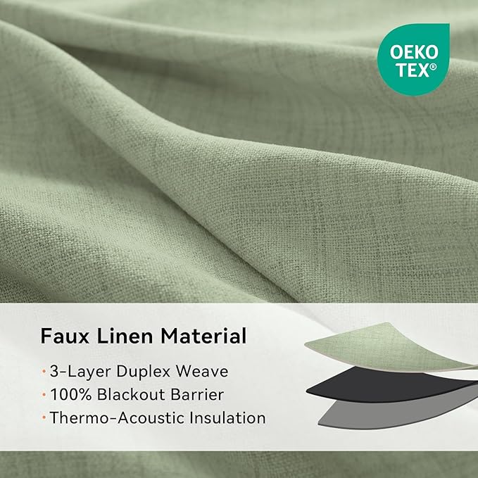 100% Blackout Shield Linen Blackout Curtains for Bedroom, Sage Green Grommet Curtains for Living Room, Thermal Insulated Room Darkening Drapes for Nursery, Boho Home Decor, 50" W x 72" L, 2 Panels