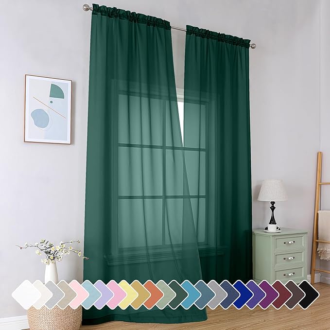 Simplebrand Hunter Green Sheer Curtains 96 Inches Long 2 Panels, Light Filtering Rod Pocket Solid Color Window Sheer Curtain Panels, Elegant Curtains & Drapes for Living Room, Bedroom, 42" W x 96" L
