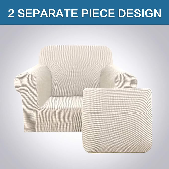 H.VERSAILTEX 2 Piece Couch Cover Stretch Stylish Chair Cover Furniture Cover/Protector Featuring Jacquard Textured Twill Fabric, High Polyester and Spandex Slipcover Machine Washable(Chair, Natural)