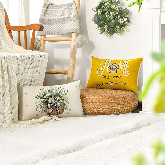 AVOIN colorlife Bless Our Home Farmhouse Eucalyptus Leaves Throw Pillow Covers, 12 x 20 Inch Yellow Truck Home Sweet Cushion Case Decorations Set of 4