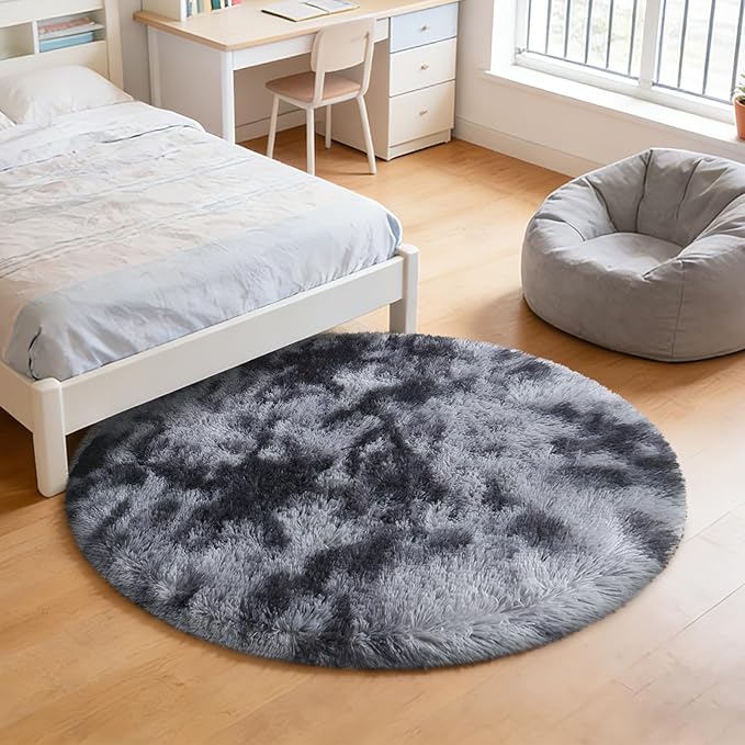 Tie-Dyed Black Fluffy Round Rug,Soft Area Rugs for Girls Room,Shaggy Rugs 4'X4' for Living Room,Non Slip Circle Rug for Kids Bedroom,Shag Plush Nursery Rug,Plush Carpet for Dorm,Cute Furry Room Decor
