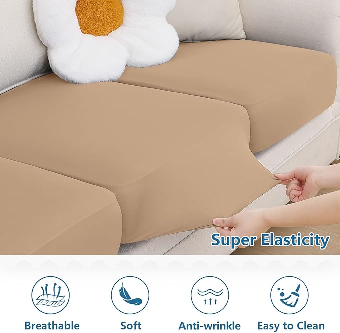 hyha Milk Silk Couch Cushion Covers, Soft Magic Sofa Covers Washable for 2 Cushion Couch, Stretch Sectional Outdoor Cushion Covers for Patio Furniture with Elastic Bottom(2 Packs, Camel)