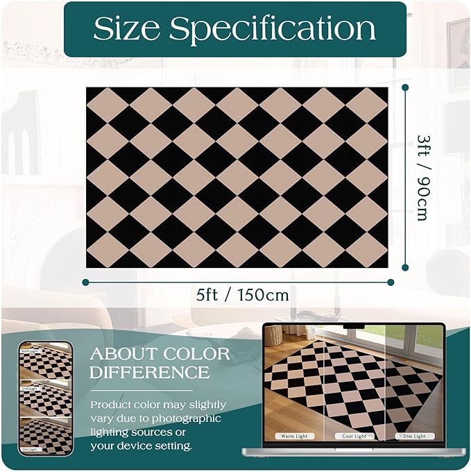 Black Tan Checkered Entry Rug - 3x5 Ft Non-Slip Washable Indoor Outdoor Front Door Mat Porch Rug Geometric Diamond Throw Carpet for Living Room Bedroom Entryway Kitchen Office Porch Decor
