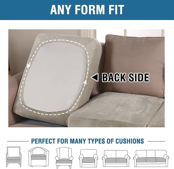 H.VERSAILTEX Velvet Stretch Couch Cushion Cover Plush Cushion Slipcover for Loveseat Cushion Furniture Protector Seat Cushion Sofa Cover (2 Piece Medium Sofa Cushion Covers, Oatmeal)