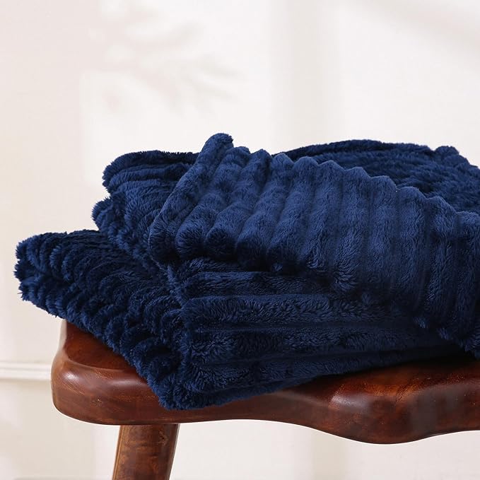 Navy Blue Fleece Throw Blanket 50”×60” for Couch Sofa Bed,Super Soft Cozy Plush Microfiber Flannel Blanket with Stripes Design Lightweight for Adults,Woman,Girls