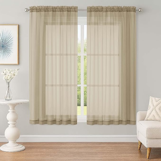 OWENIE Sheer Taupe Curtains, Sheer Curtains 63 inch Length 2 Panels Set, Rod Pocket Voile Fimly Sheer Drapes for Living Room Bedroom, 2pcs, Taupe, Each 59" W x 63" L